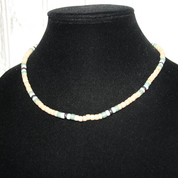 Beachy tan and teal wooden beaded necklace 16" - Picture 3 of 4